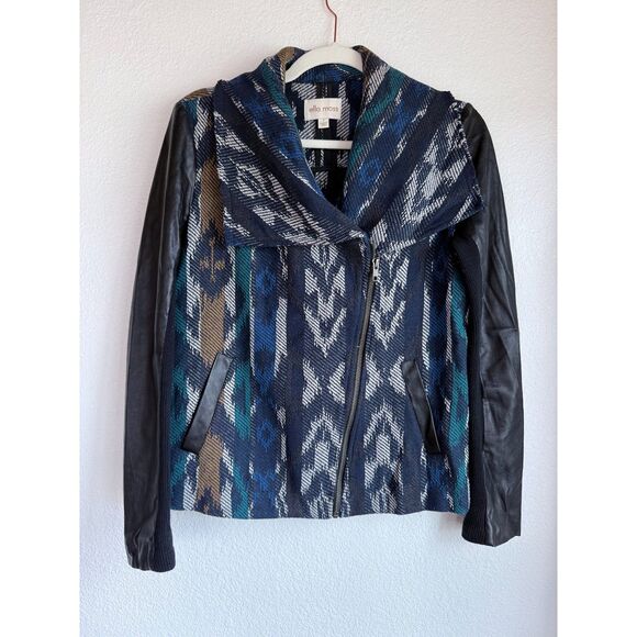 Ella Moss Faux Leather Sleeve Woven Blanket Boho Moto Jacket Ikat Aztec Navajo S - Picture 2 of 12